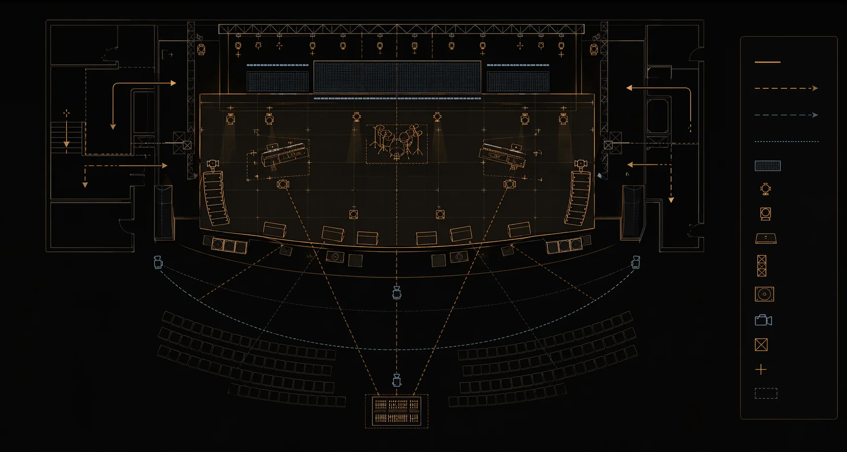 Stage floor plan with LED, camera, audience sightline, and production routing