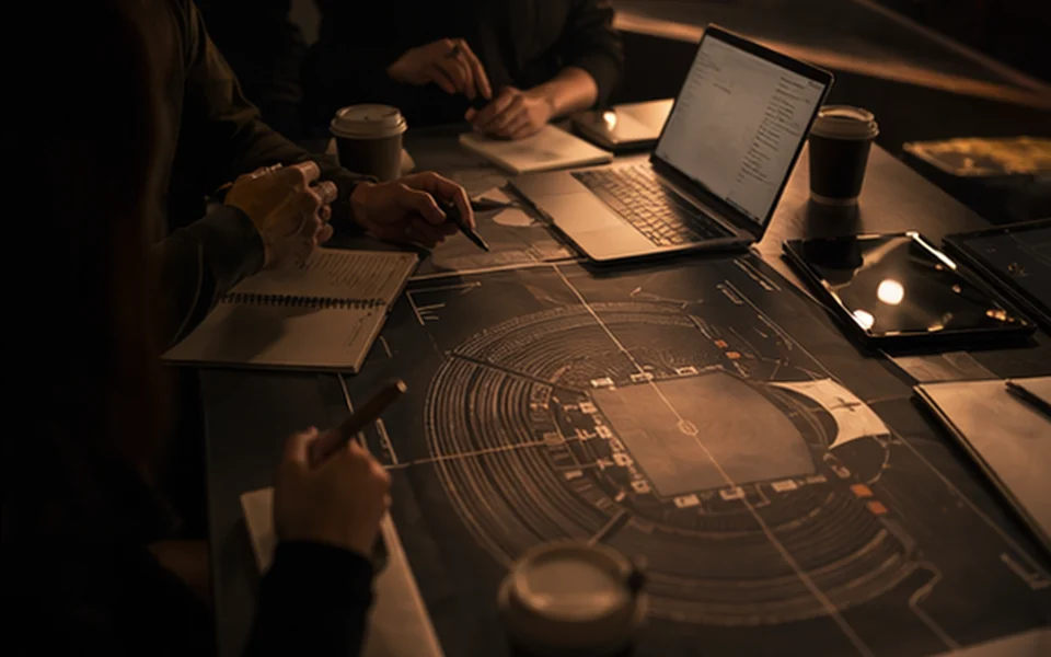 Production meeting around a venue plan and show documents