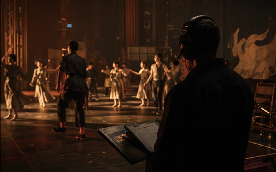 Stage team checking performance flow during rehearsal