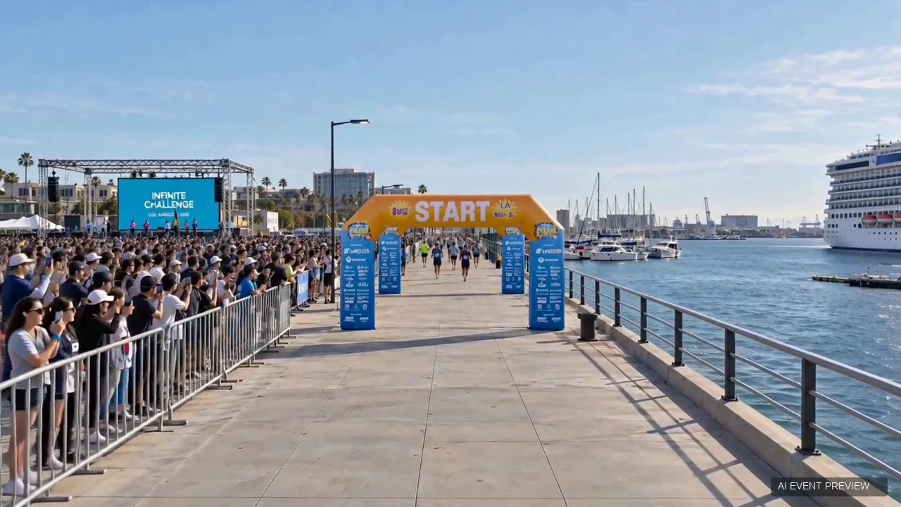 AI venue simulation showing the Infinite Challenge START gateway, spectators and West Harbor waterfront